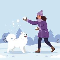 Playing Snowballs with Dog Joyful Winter Scene in Snowy Landscape vector