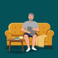 Man Relaxing on Sofa Holding Cat with Book and Coffee vector