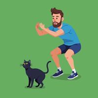Man Exercising with a Black Cat Looking on in a Studio vector