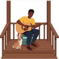 Man Playing Guitar on Porch with Rabbit Listening Attentively vector