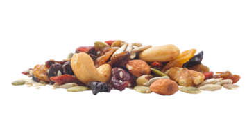 Crunchy nuts seeds and dried fruits assortment isolated on transparent background png