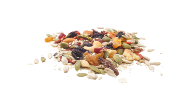 Nutritious blend of nuts seeds and dried fruits isolated on transparent background png