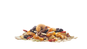 Selection of mixed nuts seeds and dried fruits isolated on transparent background png
