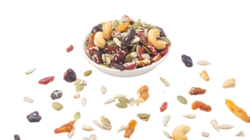 Healthy mix of nuts seeds and dried fruits isolated on transparent background png