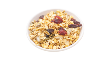 Top view of granola with oats, nuts, and dried fruits on bowl isolated on transparent background png