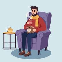 Man Relaxing in Armchair Drinking Hot Beverage and Petting Rabbit vector