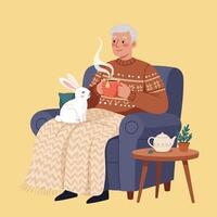 Man Relaxing with Tea and a White Rabbit in Armchair vector