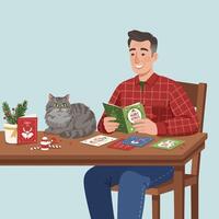 Man Reading Holiday Card with Cat Beside Table Decorations Scene vector
