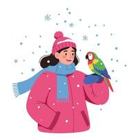 Smiling Woman with Parrot During a Light Snowy Weather vector