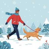 Man Walking Dog in Snowy Winter Park with Falling Snow vector