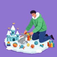 Man Arranging Toys with a Rabbit on a Fluffy Rug vector
