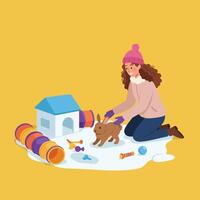 Woman Playing with Pet Rabbit and Toys in Indoor Setting vector