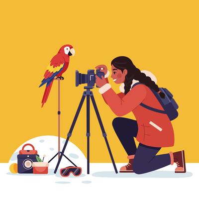 Woman Photographing Colorful Parrot with Camera on Tripod Outdoors