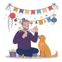 Man Decorating for Party with Dog Looking on Illustration vector