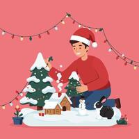 Man Decorating Winter Scene with Snow House and Christmas Trees vector