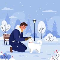 Man Petting Dog in Snowy Park Enjoying Winter Together vector