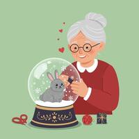 Woman Creating Snow Globe with Rabbit Inside for Festive Season vector