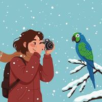 Taking Picture of Parrot in Winter Snow Scene with Camera vector