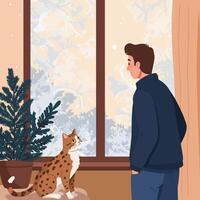 Man and Cat Gazing at Winter Scene Through Window Together vector