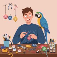 Person Crafting Christmas Ornaments with Parrot on Shoulder at Table vector