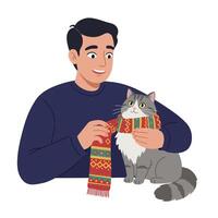Man Putting Patterned Scarf on Tabby Cat in Cute Illustration vector