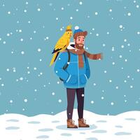Man Walking in Snow with Bird on Shoulder During Winter vector