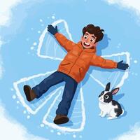 Boy Making Snow Angel with a Bunny on a Winter Day vector