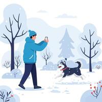 Man Taking Photo of Dog Running in Snowy Winter Landscape vector