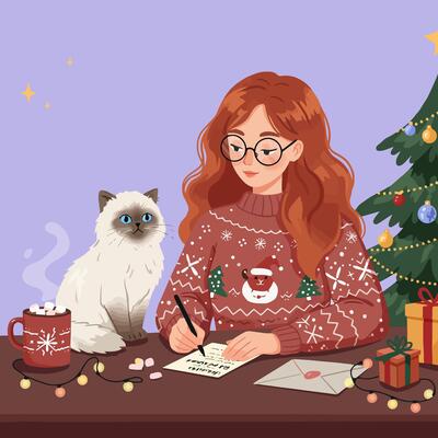 Writing Holiday Letter with Cat and Christmas Decorations Illustration