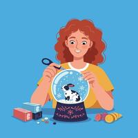 Person Crafting Snow Globe with Rabbit Figurine and Decorations vector
