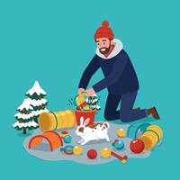 Man Pouring Water on Snowy Tree with Rabbit and Toys vector