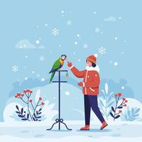 Woman Training Parrot in Winter Snow Scene with Falling Snowflakes vector