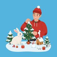 Man Decorating Christmas Tree with Bunny and Gifts in Snowy Scene vector