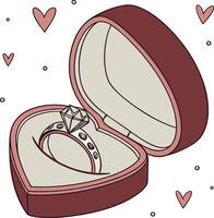 Engagement ring in heartshaped box with hearts. vector