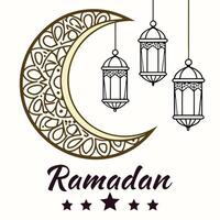 Ramadan crescent moon and hanging lanterns design vector