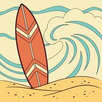 Retro Surfboard on Beach with Wave Graphic vector