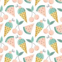 Seamless pattern with ice cream, watermelon and cherry. Summer theme and food. Flat illustration vector
