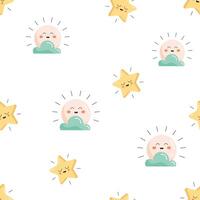 Seamless pattern with cute sun with cloud and starfish. Summer theme. Flat illustration vector