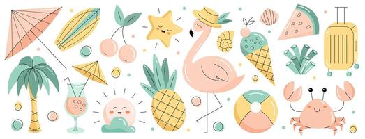 Summer set of elements with ice cream, watermelon flamingo, pineapple, palm tree, ball, sun umbrella, crab. Flat illustration vector