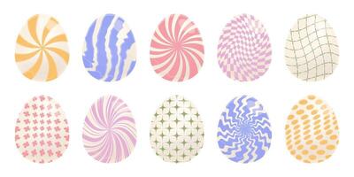 Easter eggs isolated set, groovy grunge y2k illustrations with trendy psychedelic swirls, stars, waves, geometrical shapes, retro twisted and distorted effect vector