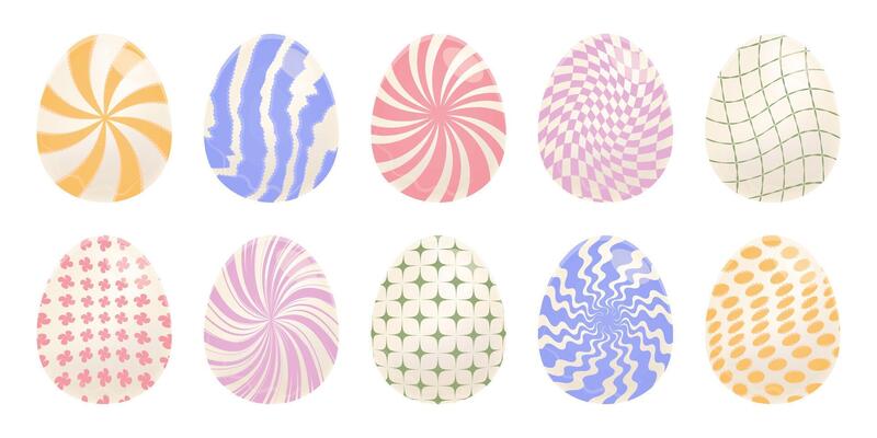 Easter eggs isolated set, groovy grunge y2k illustrations with trendy psychedelic swirls, stars, waves, geometrical shapes, retro twisted and distorted effect