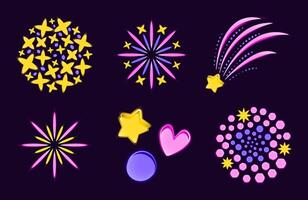 Fireworks and confetti neon luminous set. Color illuminated illustrations for festive events and holidays celebrations vector