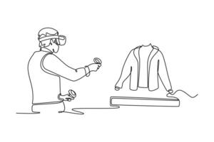 Tailor and female customer put VR goggles in atelier workshop. 3D hologram of jacket pattern. Technology in business concept. Single line draw design. graphic illustration vector