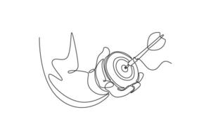 man holding a modern target with a dart in the center. Personal goals concept. Single line draw design. graphic illustration vector