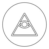 Kao Give all seeing eye in pyramid inside triangle Illuminati symbol Masonic icon in circle round black color outline contour line thin vector