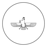 Zoroastrism religion Faravahar Zorostrian symbol Parsi icon in circle round black color outline contour line thin style vector