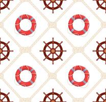 Summer seamless pattern with nautical knots and ropes. Marine repeat background with steering wheel and lifebuoy Geometric endless design for print, fabric, textile, wrapping paper. Flat vector