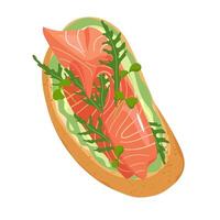 Open-faced sandwich with salmon slices and mashed avocado. Top view of delicious breakfast seafood toast with smoked red fish. Flat illustration of healthy snack isolated on white background vector