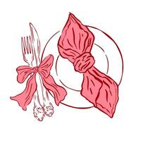 Coquette dishes with bow in hand drawn style. Whimsical plate with fork and knife for designed modern menu restaurant and cafe in simple sketch style. Doodle outline illustration vector