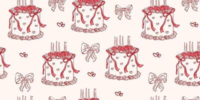 Seamless pattern with coquette cakes and bows,,. Hand drawn vintage background with girly aesthetic element for Valentine's day, wedding, birthday. Trendy print for wrapping paper, fabric, textile. vector